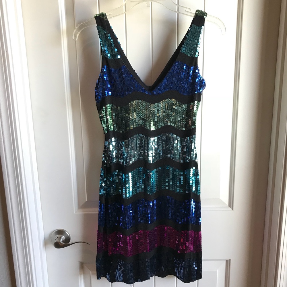 Snap Striped Sequin Dress Vneck Multicolor